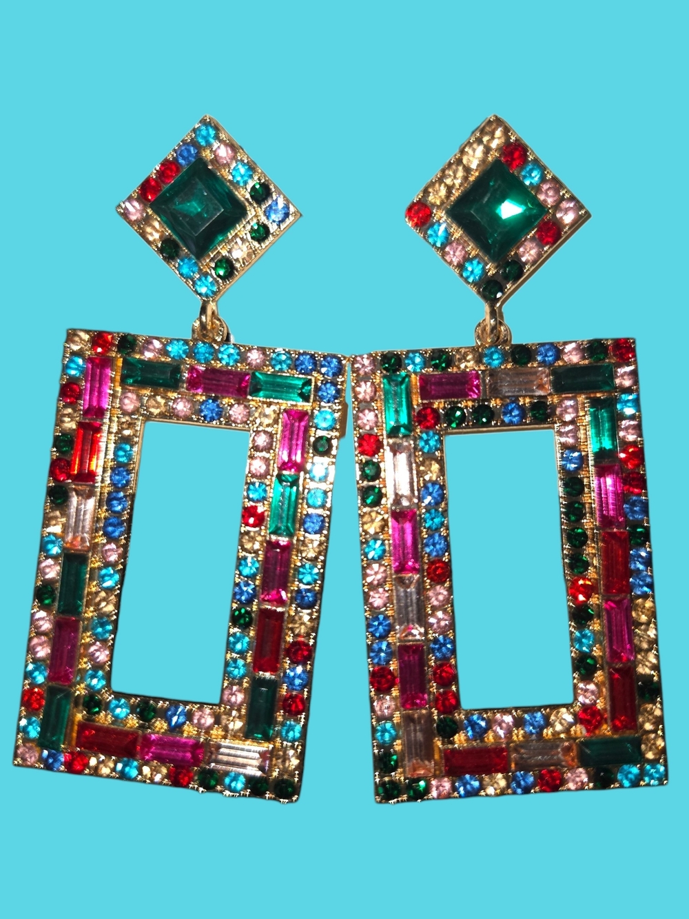 Multicolor Gemstone Rectangle Drop Earrings - Women Jewelry